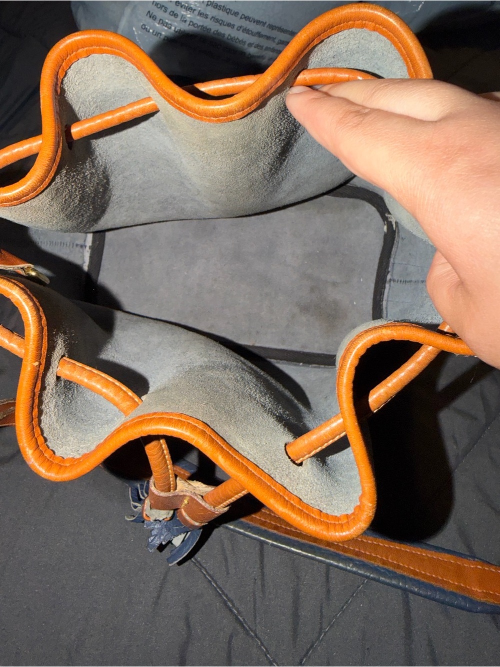 Women's Drawstring Bucket Bag in Gray Suede with Orange Trim- AUTHENTIC DOONEY